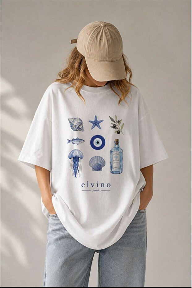 Summer Special Blue Themed Printed Crew Neck Cotton White Unisex Oversize Tshirt for Women/Men