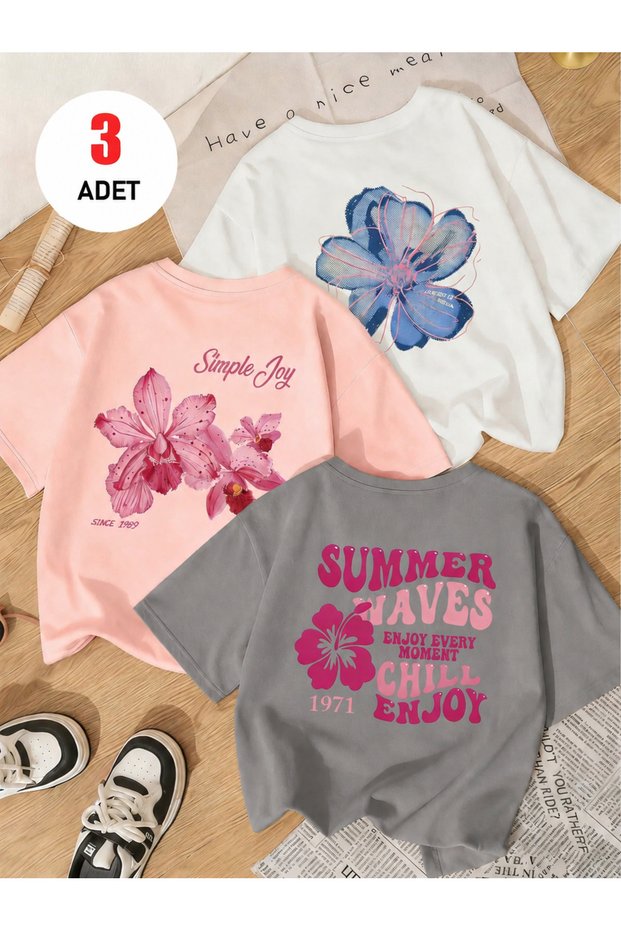 3-Piece Oversize Floral Printed T-Shirt Set 100% Cotton Crew Neck Loose Fit