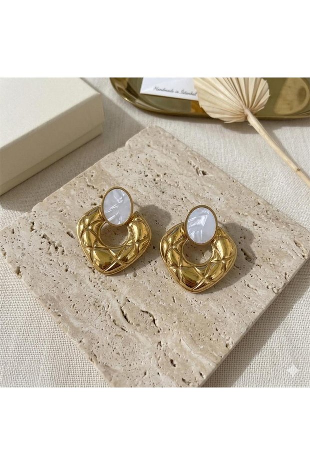 Gold Steel Earrings with Marble Detail | Modern Stylish Elegant Design Women's Earrings for Daily Use