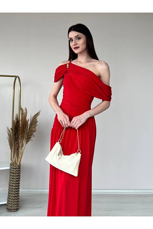 Red Draped Madonna Collar Long Evening Dress