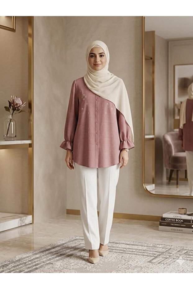 Ethnic Embroidered Wide Sleeve Draped Loose Tunic [Order Smaller Than Usual, Linen Blend, 81 cm Length, Loose Fit]