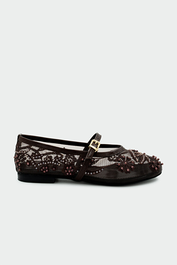 Kai Pearl Embroidered Women's Bitter Brown Flat Ballerinas