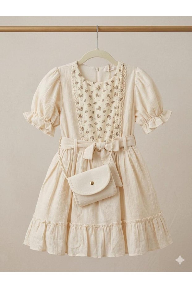Girl's Daisy Patterned Summer Breathable Lined Dress with Bag