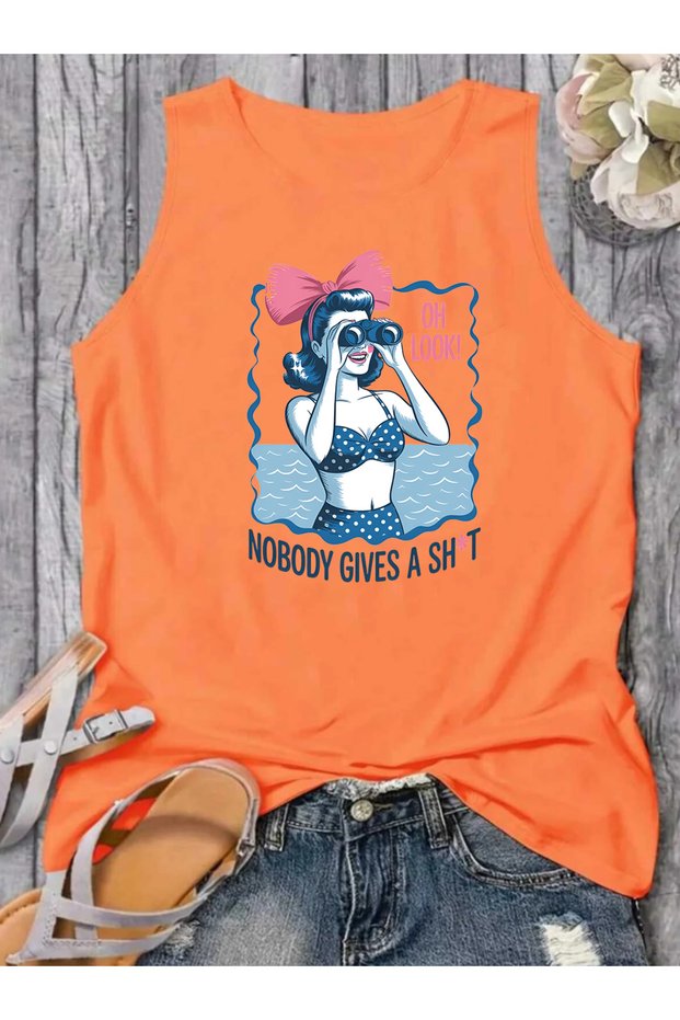 Retro Woman Printed Summer Sleeveless Crew Neck Women's Tshirt