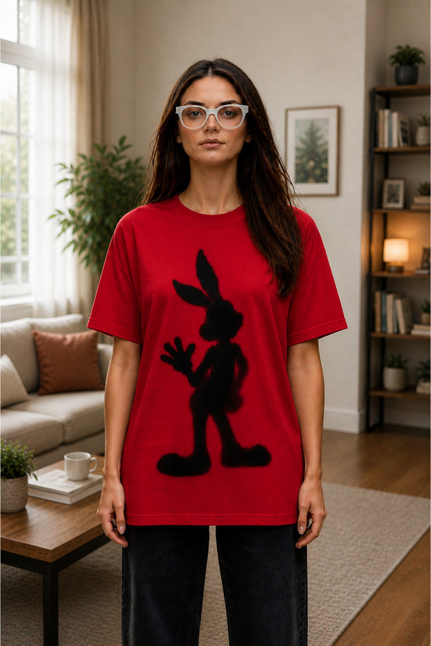 Unisex Oversize T-Shirt Shadow Rabbit Printed 100% Cotton T-Shirt Comfortable Fit