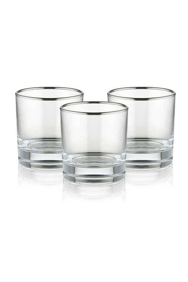 Double Old Fashioned Tumbler Glass Set 300ml Silver Rim 3 Pieces TU2103