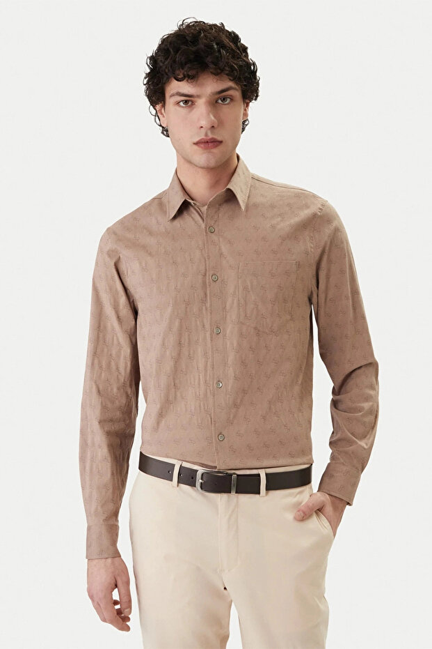Long Sleeve Pocket Jacquard Men's Beige Shirt M6Gh18W1713-Fmaz