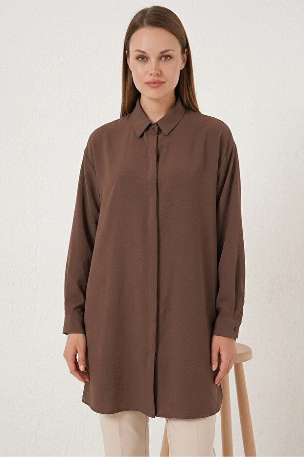 Women's Shirt Collar Long Sleeve Brown Tunic