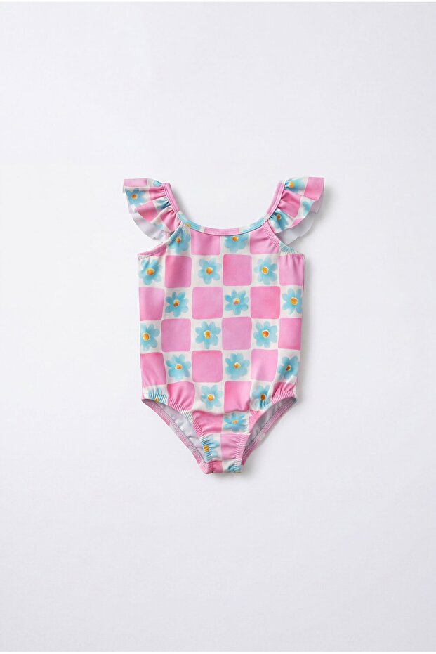 Girl's Cotton Pink Checkered Floral Patterned Swimsuit