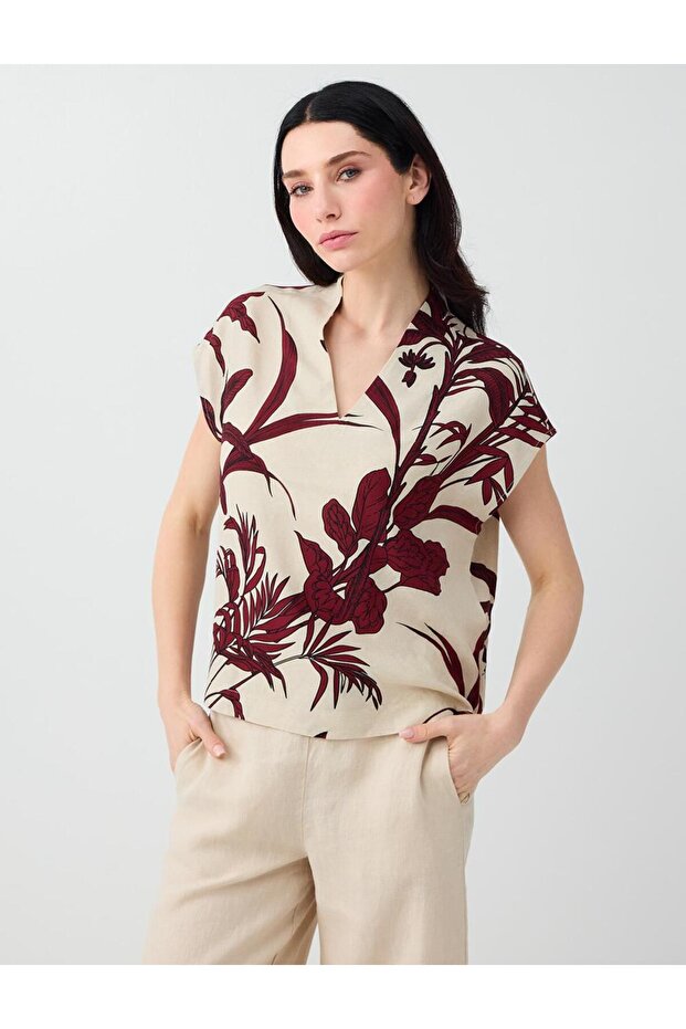 Stone Linen Blend V-Neck Patterned Blouse