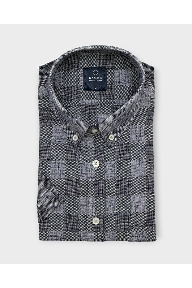 Men's Regular Fit 100% Cotton Short Sleeve Button-Up Collar Plaid Smoked Shirt 9490F