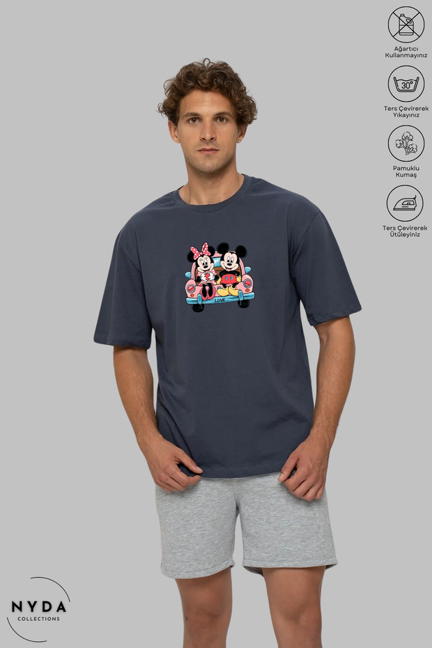 Unisex Crew Neck Minnie Mickey Mouse Love Printed Cotton Oversize Short Sleeve T-Shirt