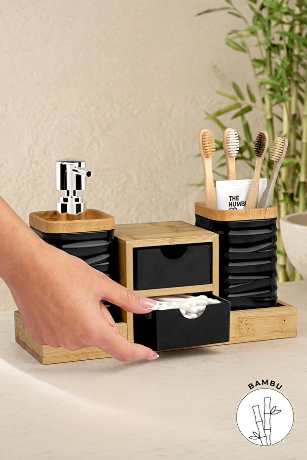 Black Bamboo Bathroom Organizer with Drawer, Liquid Soap Dispenser and Toothbrush
