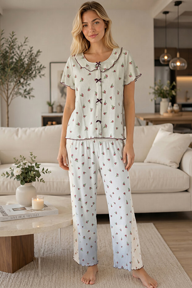Floral Patterned Cotton Boat Neck Wrinkled Soft Summer Pajama Set White