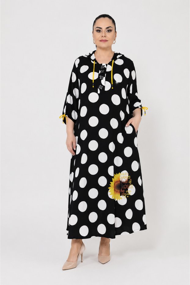 Plus Size Polka Dot Floral Printed Hooded Lace Detailed Capri Sleeve Long Women's Dress