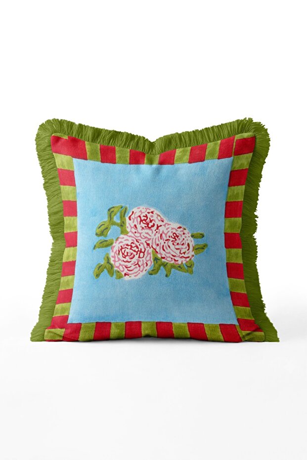 Pink Rose Motif Plaid Border Fringed Throw Pillow Cover - Khaki Tassel Retro Pillowcase