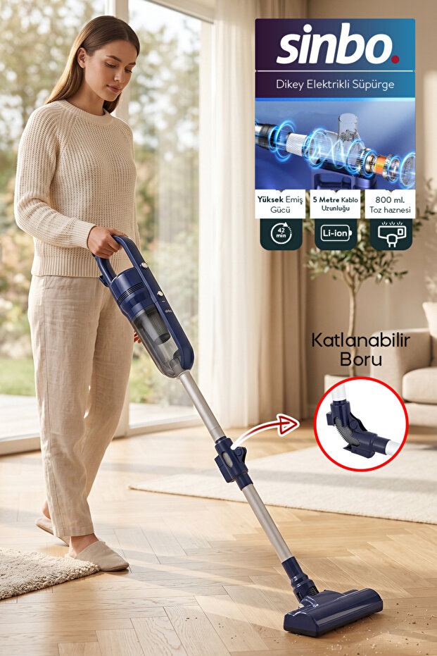 Sinbo SVC-8640 Pratic Dikey Elektrikli Süpürge Katlanır Borulu, El Süpürgesi, 800 ml Toz Hazneli