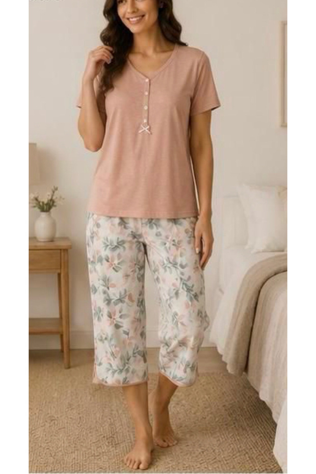 26525-Nena Short Sleeve V-Neck Placketed 100% Cotton Next Capri Pajama Set