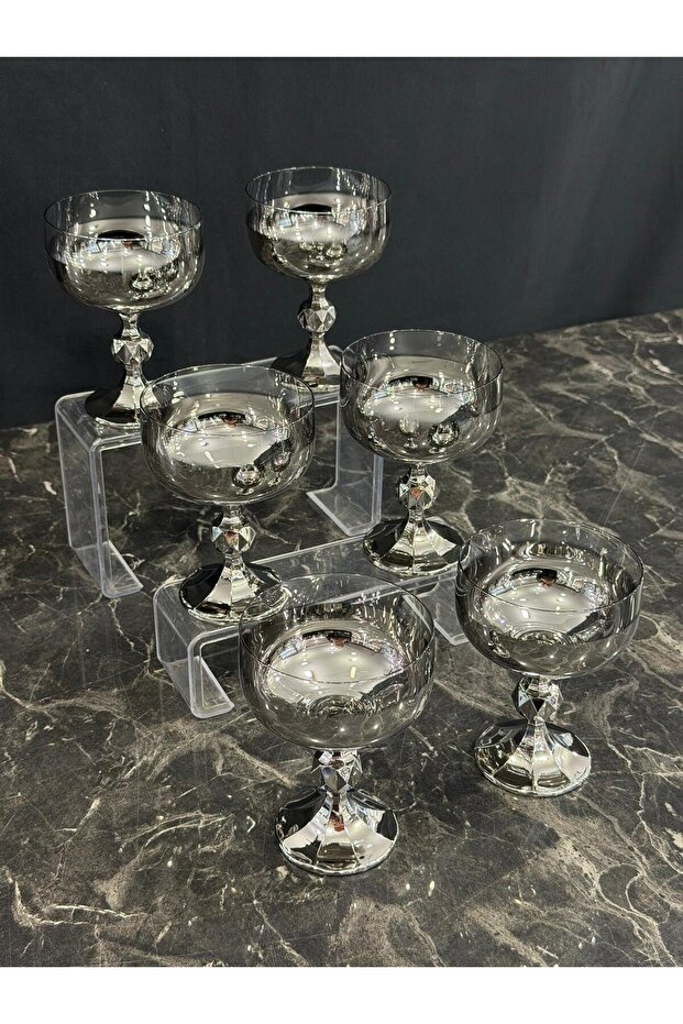 6-Piece Silver Footed Dessert Bowl Luxury Glass Serving Bowl - Stylish Snack Bowl - 200 Cc