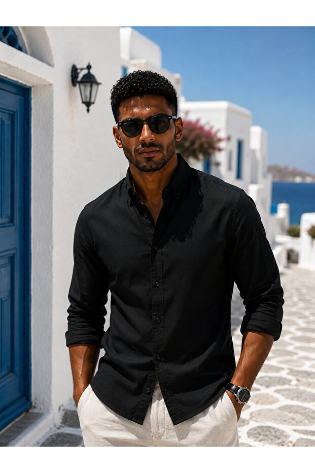 Men's 100% Linen Shirt Button-Down Collar Regular Fit Comfortable Cut Muslin Shirt