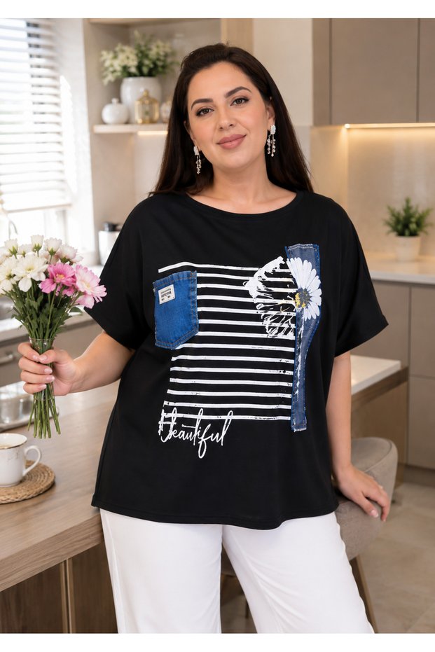 Plus Size Striped Floral Print Pocket Detail Short Sleeve Women's Blouse