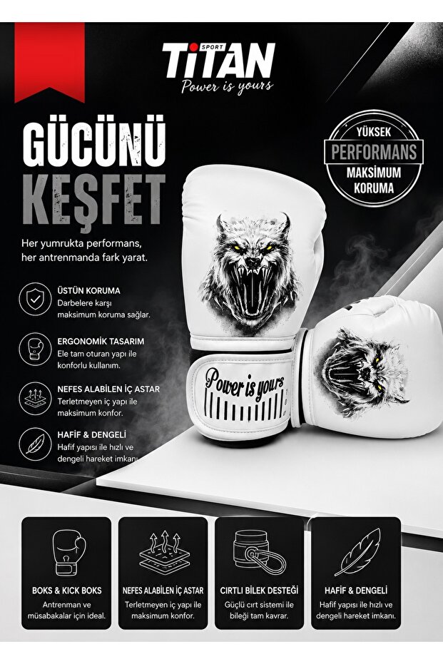 White Boxing Gloves, Special Model with Wild Wolf Print