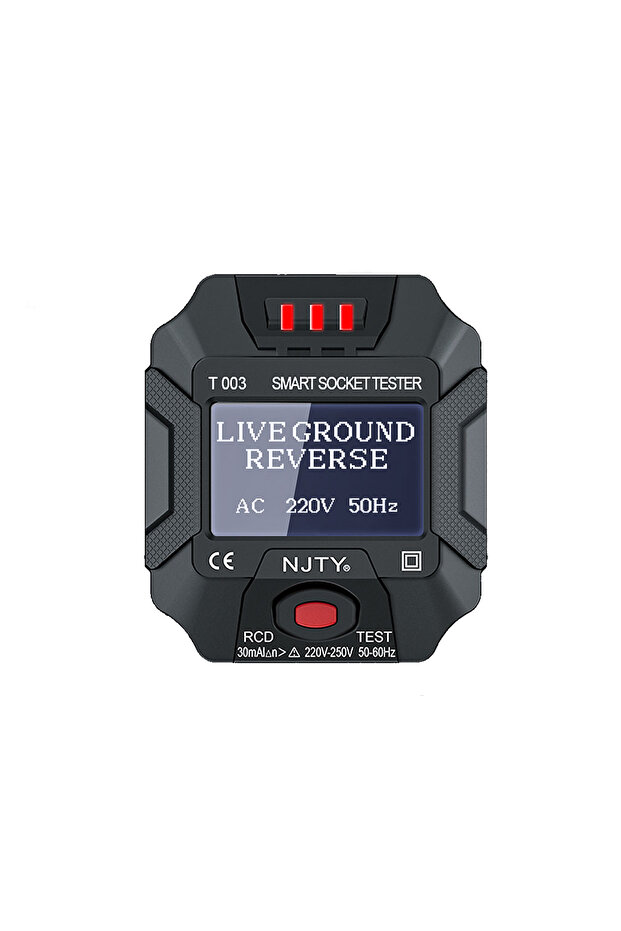قابس كهربائي أوروبي أسود NJTY T003 مع شاشة LCD لاختبار المآخذ الذكية، يكتشف فوريًا أعطال الأسلاك والجهد الكهربائي.