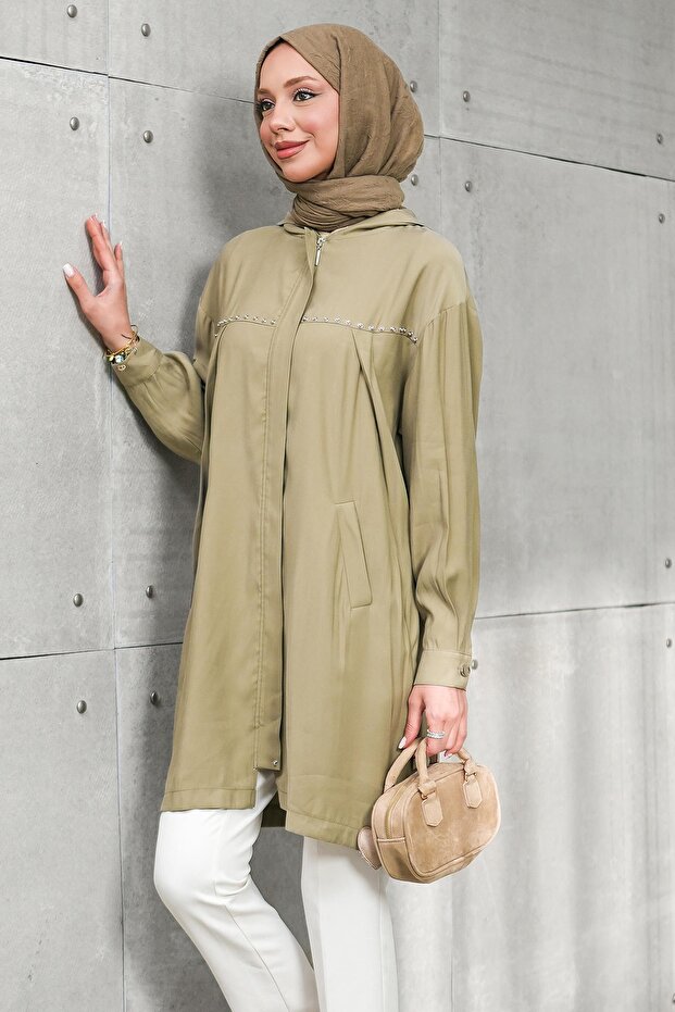 Khaki Hooded Tunic with Hidden Zipper