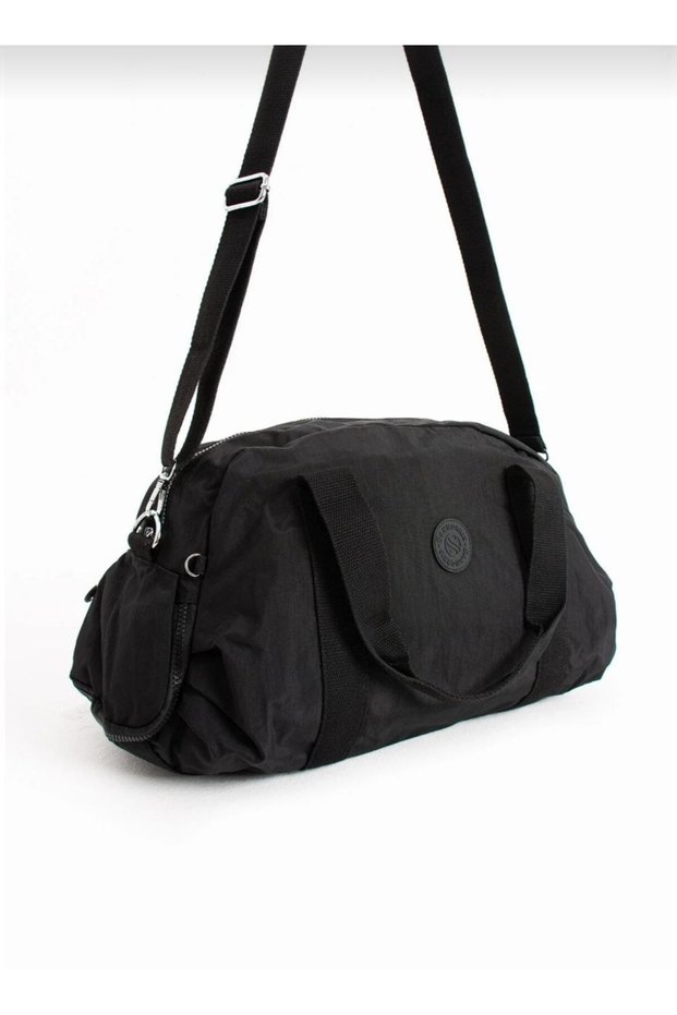 Unisex Large Size Black Colored Crinkle Fabric Sports and Travel Bag with Shoe Section and Cross Strap