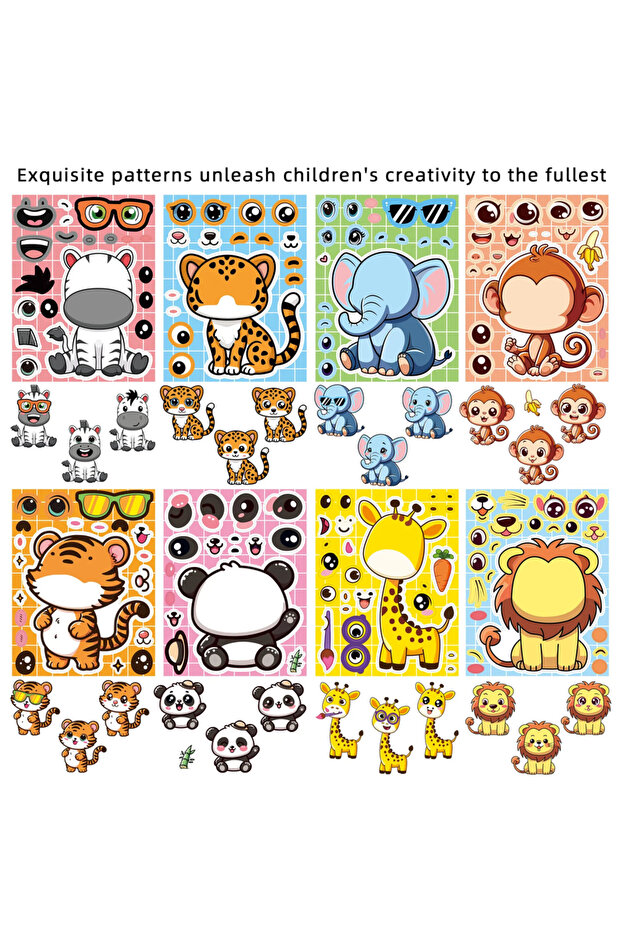 8 Sheets Pack 8 Sheets Cartoon Animal Puzzle Stickers Make a Face Cartoon Decals Stationery Notebook