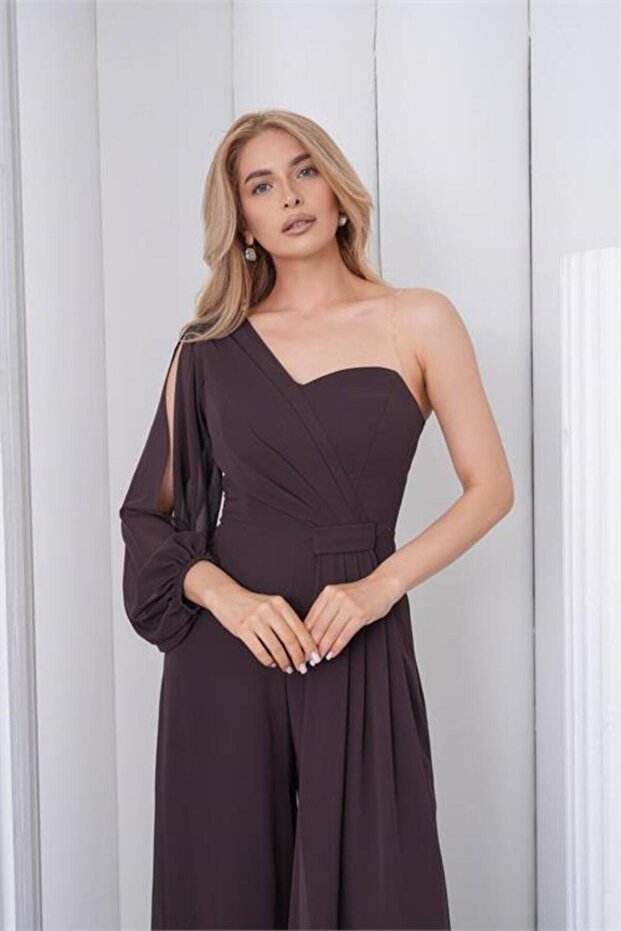 Women's Brown One-Sleeve Lined Tulle Fabric Design Evening Dress Jumpsuit Nbs9389
