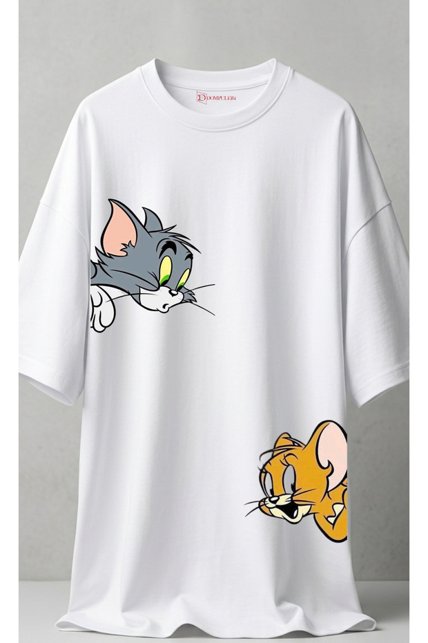 Tom and Jerry Printed Oversized Unisex White Tshirt