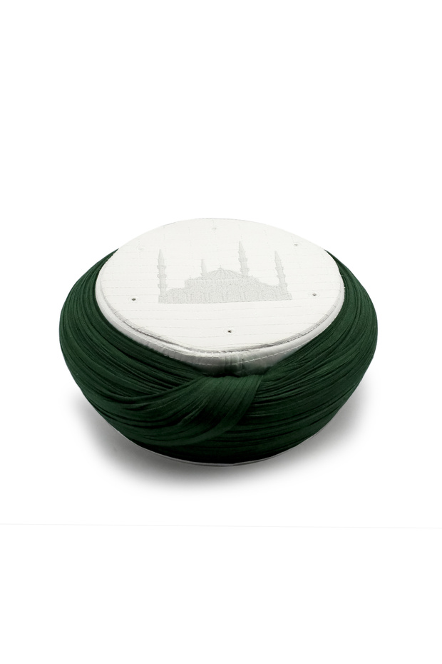 Children's Cami Sarigi - Green Fabric - White Skullcap - Round Wrap - Cami Embroidered - 7 Meters