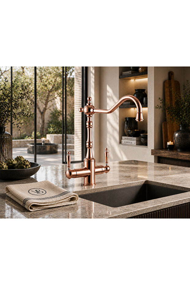 Purified Kitchen Sink Faucet with Double Outlet and Se Pipe, Kitchen Faucet in Rose Color