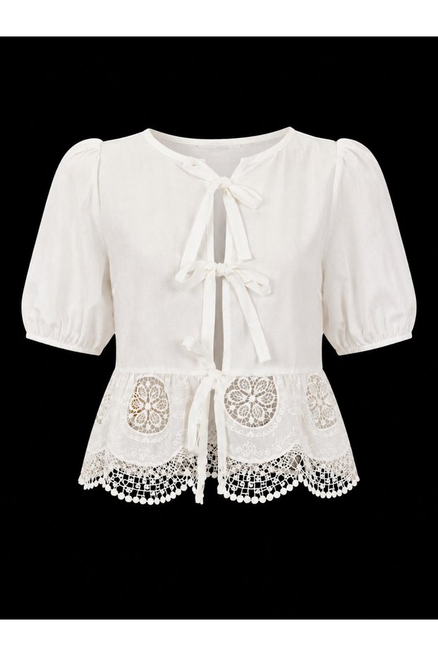 White Front-Tie Lace Detailed 100% Cotton Shirt