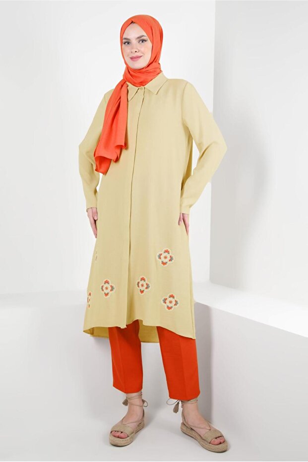 FLOWER PATTERNED SHIRT COLLAR LONG TUNIC 43790