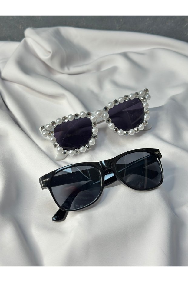 Pearl-Studded and Black Sunglasses for Groom Bride Wedding Photo Shoot