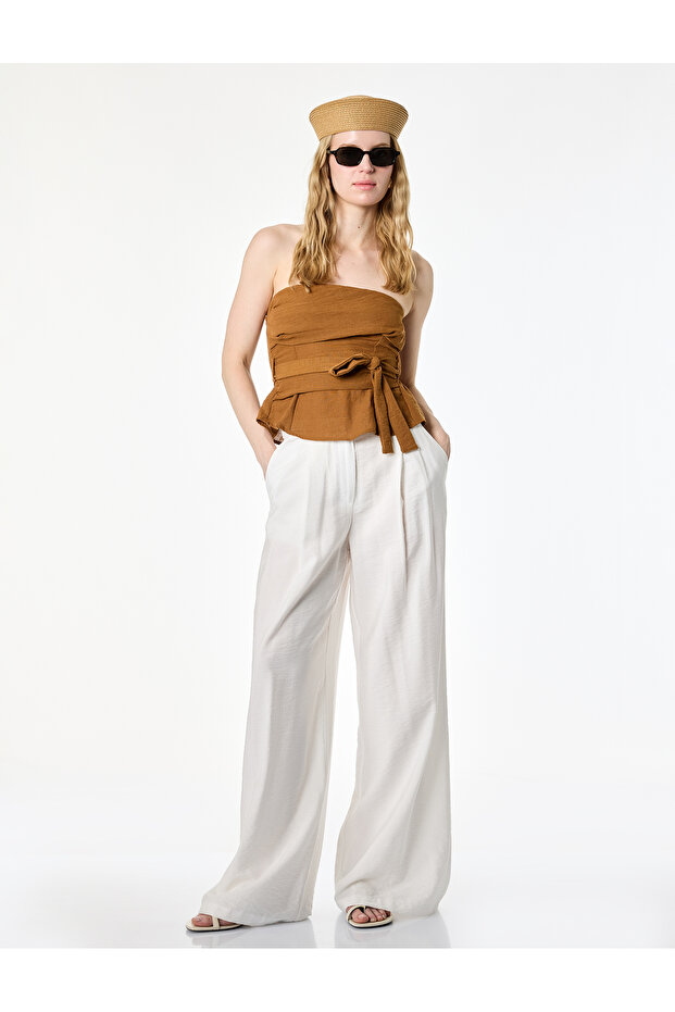 Linen Look Gipeli Layered Detailed Belted Crop Strapless Corset Bustier