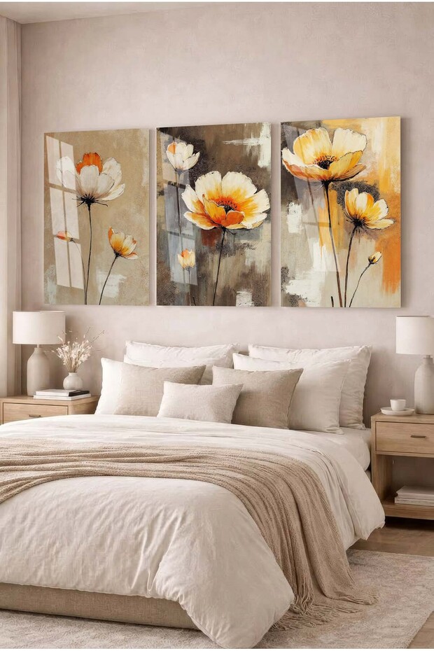White and Orange Colored Amber Flower 3-Piece Decorative Tempered Glass Painting Set Home and Office Painting