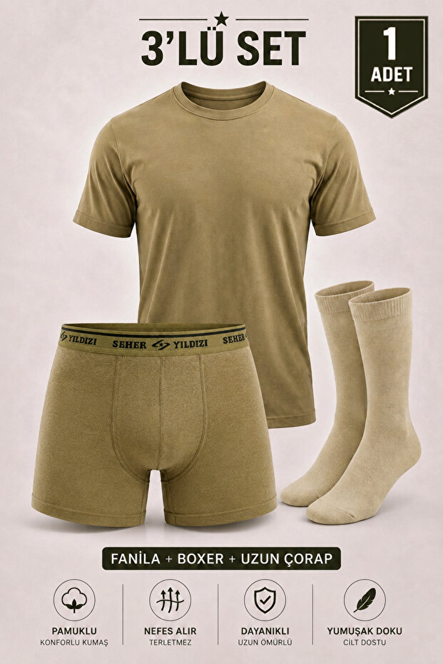 Men's Military Underwear Set Khaki Undershirt Boxer Long Socks 3-Piece Set 1 Piece - Anti-Sweat Breathable Fabric