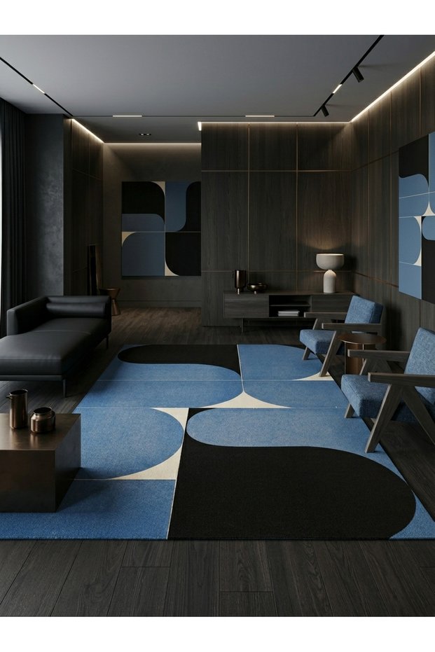 Sdt Minimalist Modern Abstract Patterned Black Blue Stylish Woven Base Decorative Carpet Sdt1377