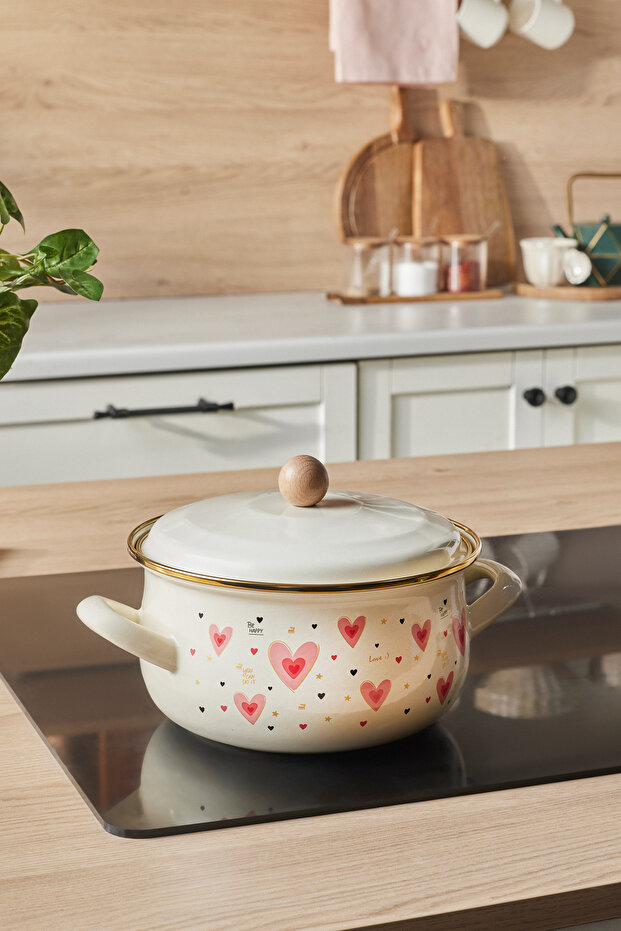 Heart Detailed Pink Love Enamel Pot 18 cm