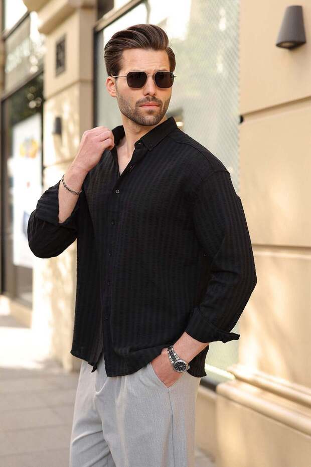 Black 100% Cotton Striped Linen Men's Shirt E6774