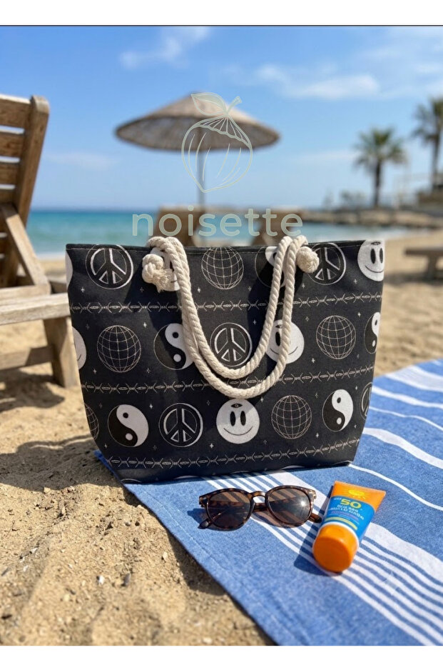 حقيبة شاطئ سوداء بنمط ريترو