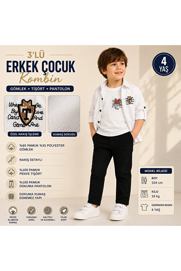 Boy's 3-Piece Combination Set. Woven Fabric Shirt Pants and T-Shirt