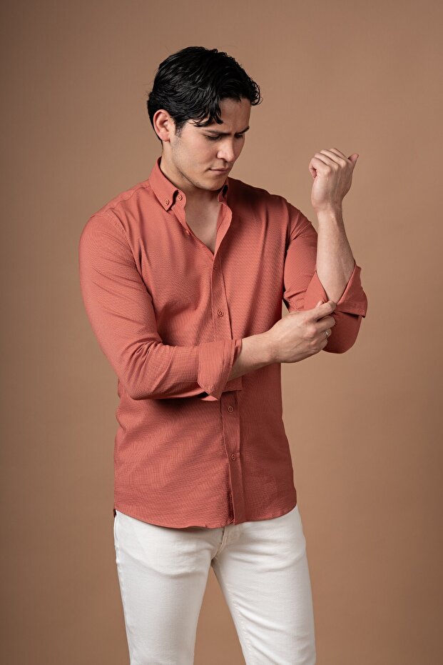 Slimfit Self-Striped Collar Buttoned Lycra Summer Shirt