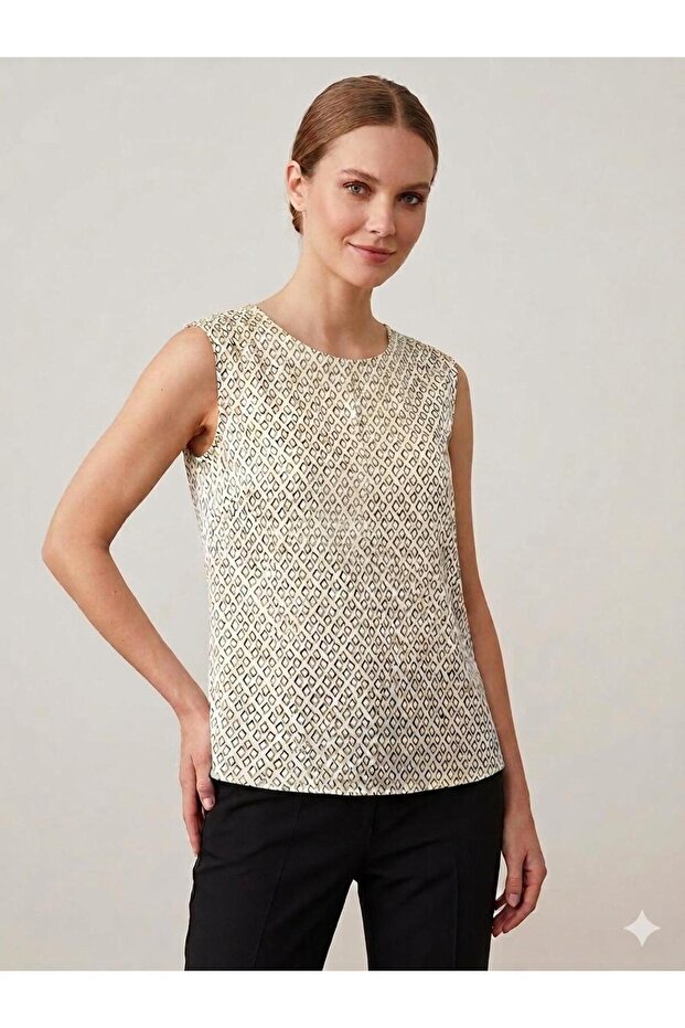 Women's Cream Patterned Sleeveless Blouse