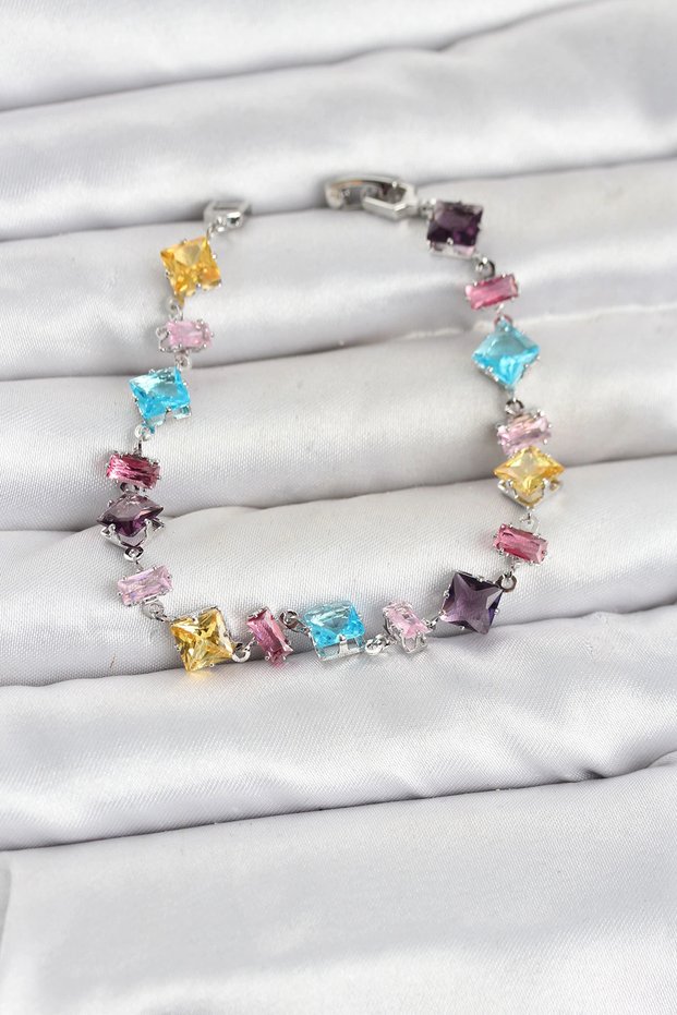Crystal Stone Cut Mixed Color Silver Color Gema Women's Bracelet