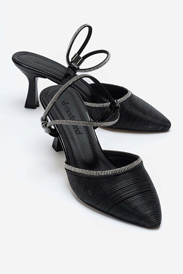 Champagne Heeled, Stoned, Pointed-Toe Heeled Sandals Black