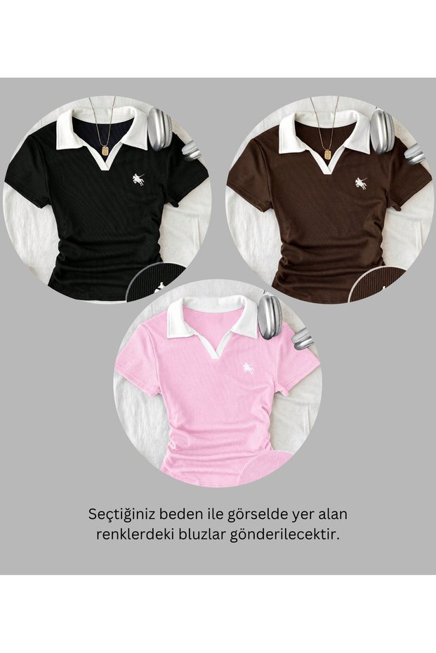 Women's 3-Piece Soul Colored Polo Collar Embroidered Drawstring Blouse